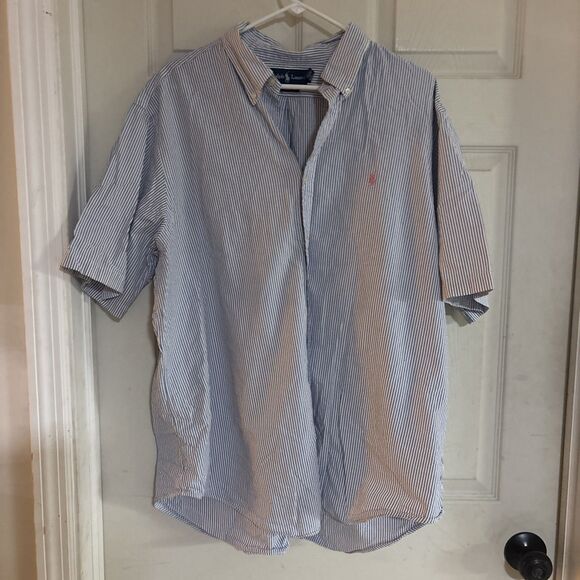 Ralph Lauren Shirt Mens 2XL Blue White Striped Classic Fit Button Down Polo Pony - Picture 1 of 5